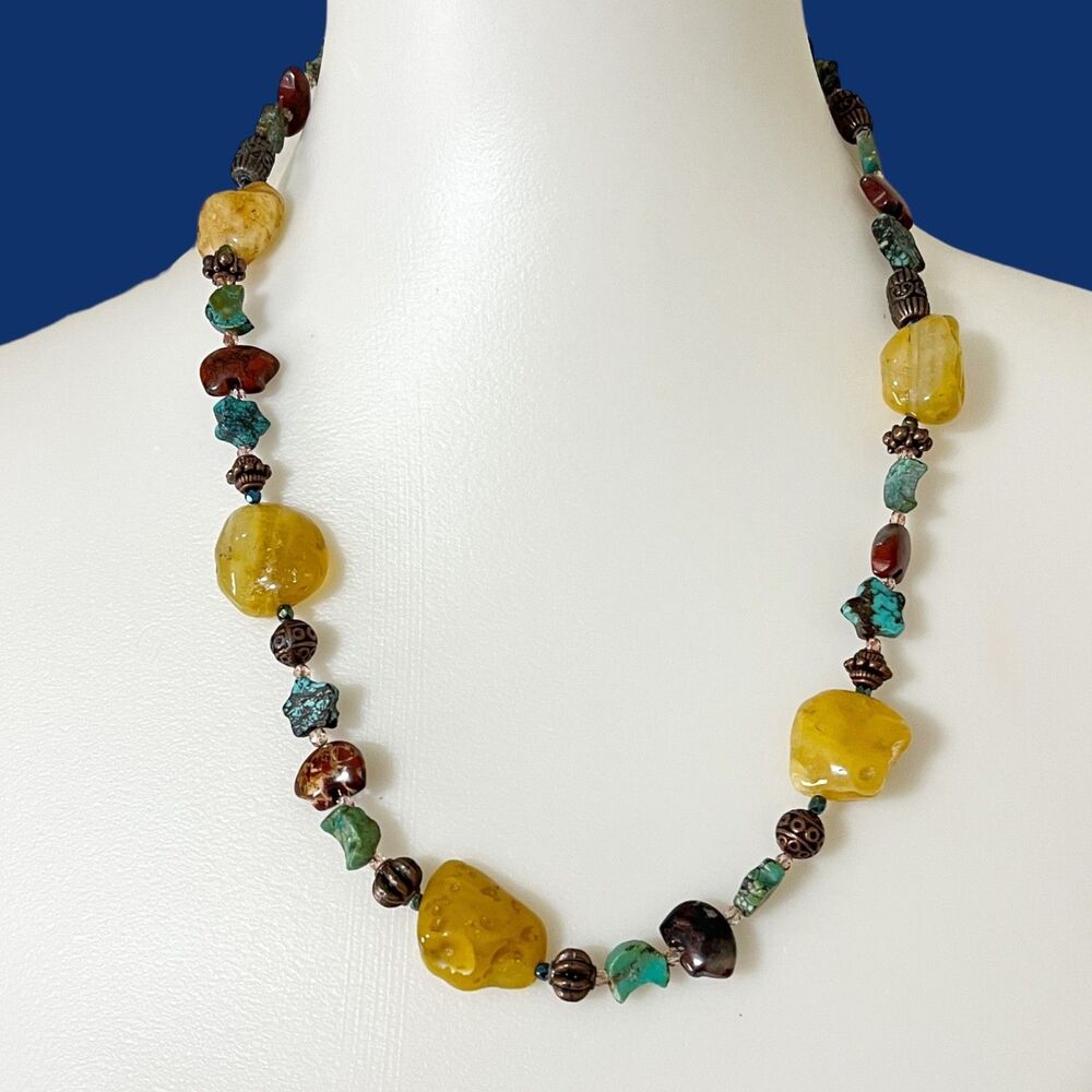 VTG Southwestern Multi Gemstone Necklace Chunky Nugget Bear Star Moon Handmade